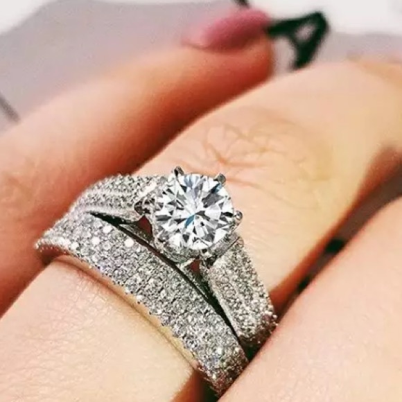 2PC 925 STERLING SILVER CUBIC ZIRCON SET RING + BAND - Picture 2 of 6